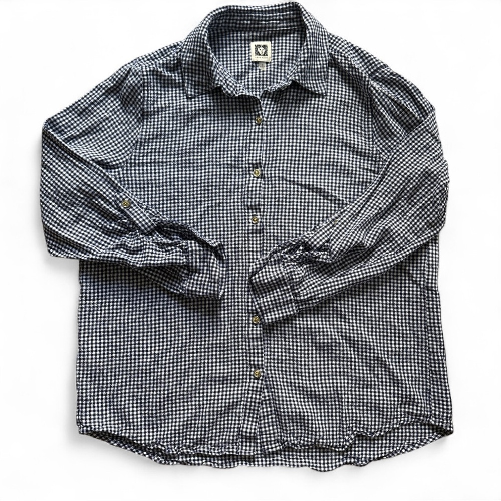 Anne Klein Women’s Button Down Shirt M Black White Gingham Check Long Sleeve Top